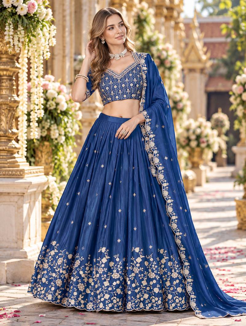 Orange Silk Blend Semi Stitced Lehenga Choli with Thread & Sequence Work