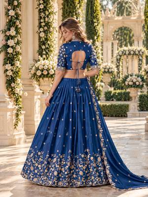 Orange Silk Blend Semi Stitced Lehenga Choli with Thread & Sequence Work 3