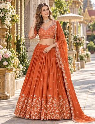 Royal Blue Silk Blend Semi Stitced Lehenga Choli with Thread & Sequence Work 1