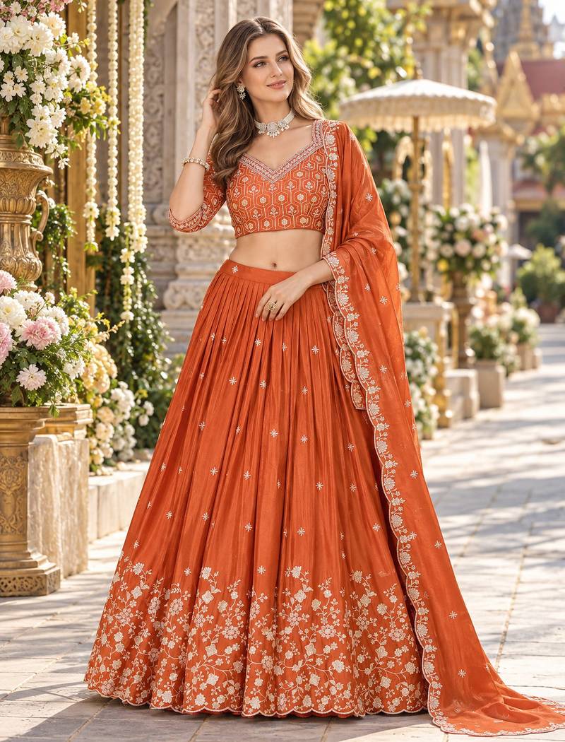 Royal Blue Silk Blend Semi Stitced Lehenga Choli with Thread & Sequence Work