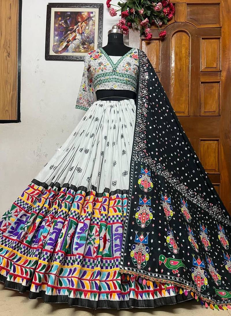 White Mirror Navratri Lehenga Choli With Dupatta