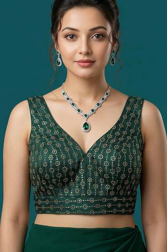 Bottle green embroidered traditional saree blouse