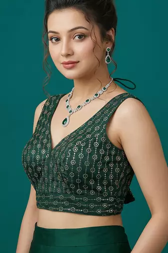 Bottle green embroidered traditional saree blouse