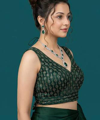 Bottle green embroidered traditional saree blouse 3
