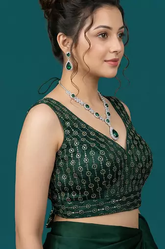 Bottle green embroidered traditional saree blouse