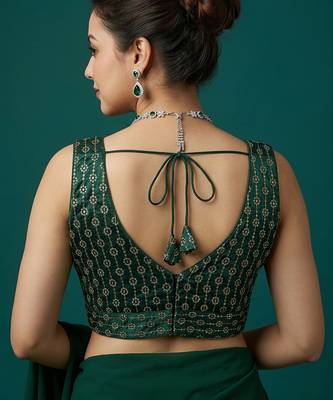Bottle green embroidered traditional saree blouse 4