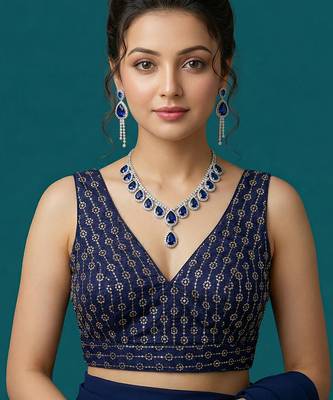 Navy blue embroidered traditional saree blouse 1