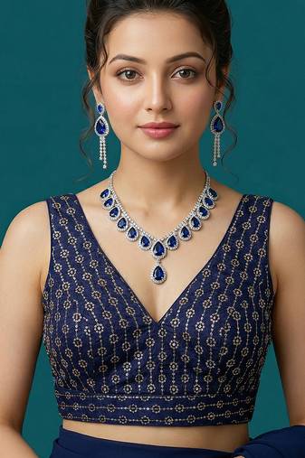 Navy blue embroidered traditional saree blouse