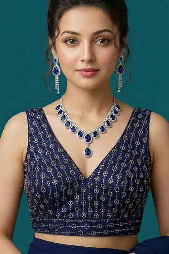 Navy blue embroidered traditional saree blouse