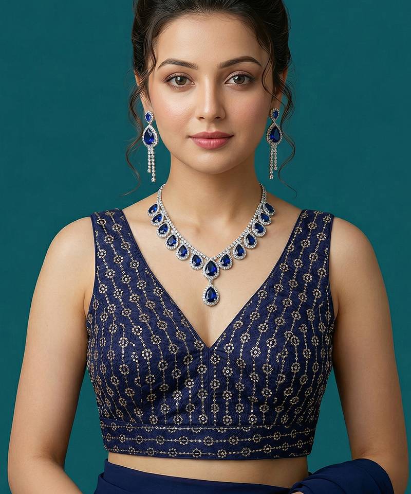Navy blue embroidered traditional saree blouse