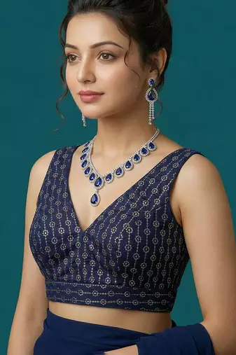 Navy blue embroidered traditional saree blouse