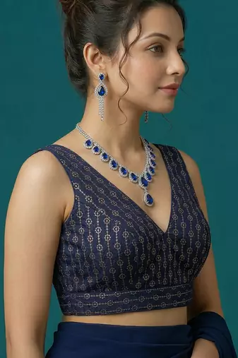 Navy blue embroidered traditional saree blouse