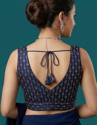 Navy blue embroidered traditional saree blouse 4