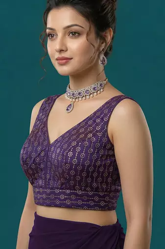 Purple embroidered traditional saree blouse