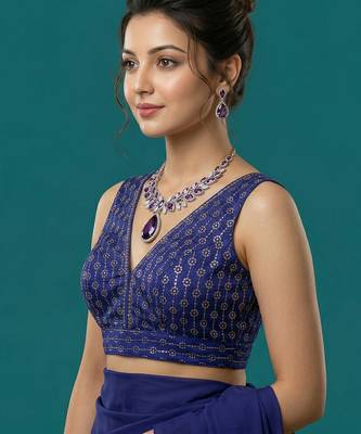 Royal blue embroidered traditional saree blouse 2