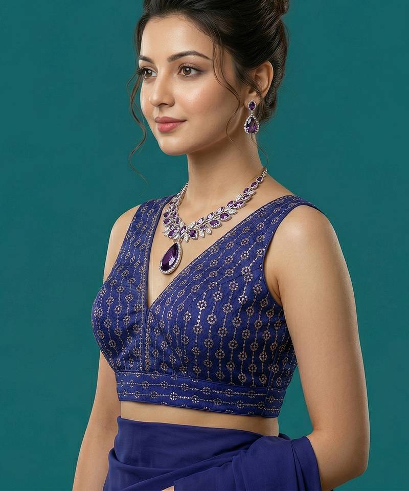 Royal blue embroidered traditional saree blouse