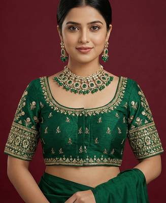 Bottle green embroidered traditional saree blouse 1