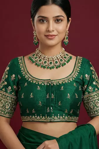 Bottle green embroidered traditional saree blouse