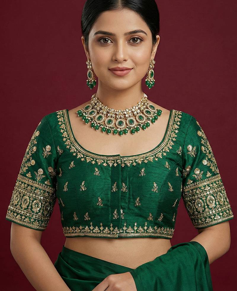 Bottle green embroidered traditional saree blouse