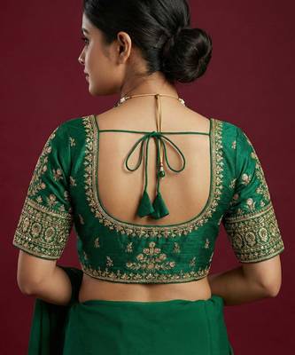 Bottle green embroidered traditional saree blouse 2