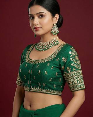 Bottle green embroidered traditional saree blouse 3
