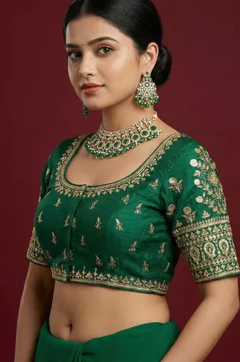 Bottle green embroidered traditional saree blouse