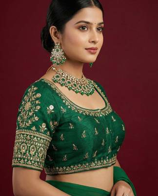 Bottle green embroidered traditional saree blouse 4