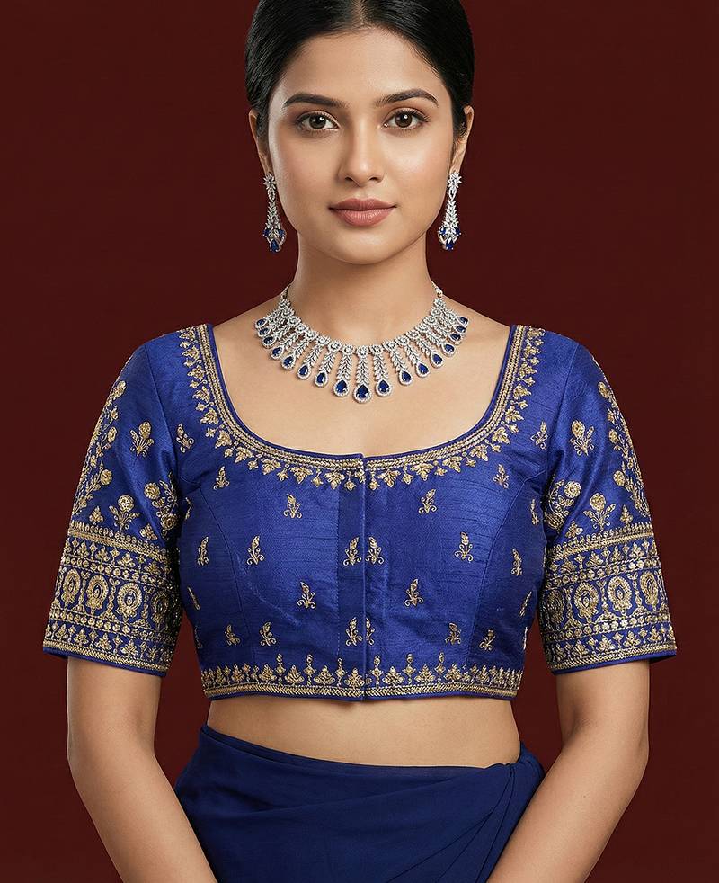 Navy blue embroidered traditional saree blouse