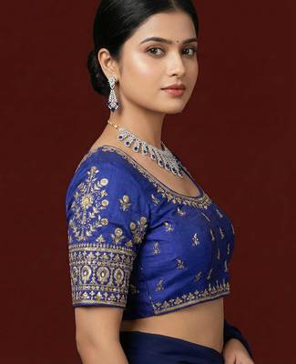 Navy blue embroidered traditional saree blouse 2