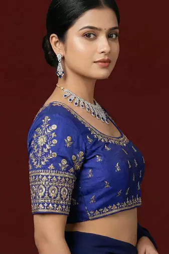 Navy blue embroidered traditional saree blouse
