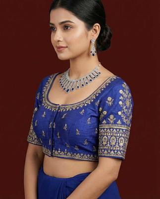 Navy blue embroidered traditional saree blouse 3