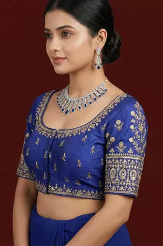 Navy blue embroidered traditional saree blouse