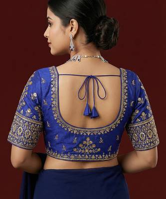 Navy blue embroidered traditional saree blouse 4