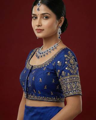 Royal blue embroidered traditional saree blouse 2