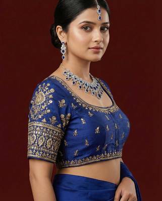 Royal blue embroidered traditional saree blouse 3