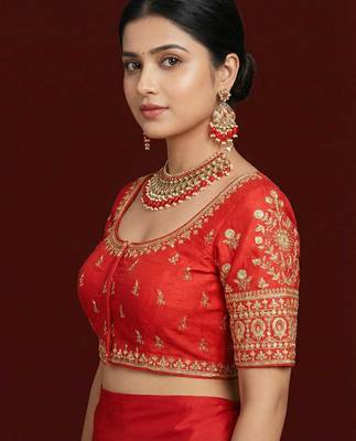 Red embroidered traditional saree blouse 3