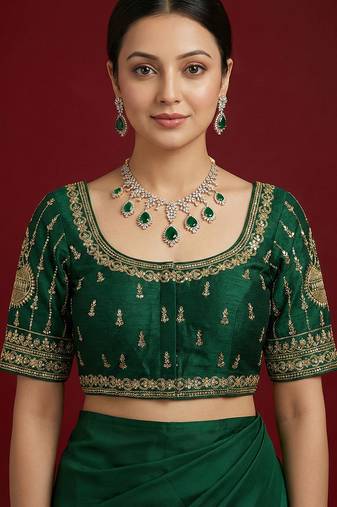 Bottle green embroidered traditional saree blouse