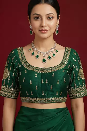 Bottle green embroidered traditional saree blouse