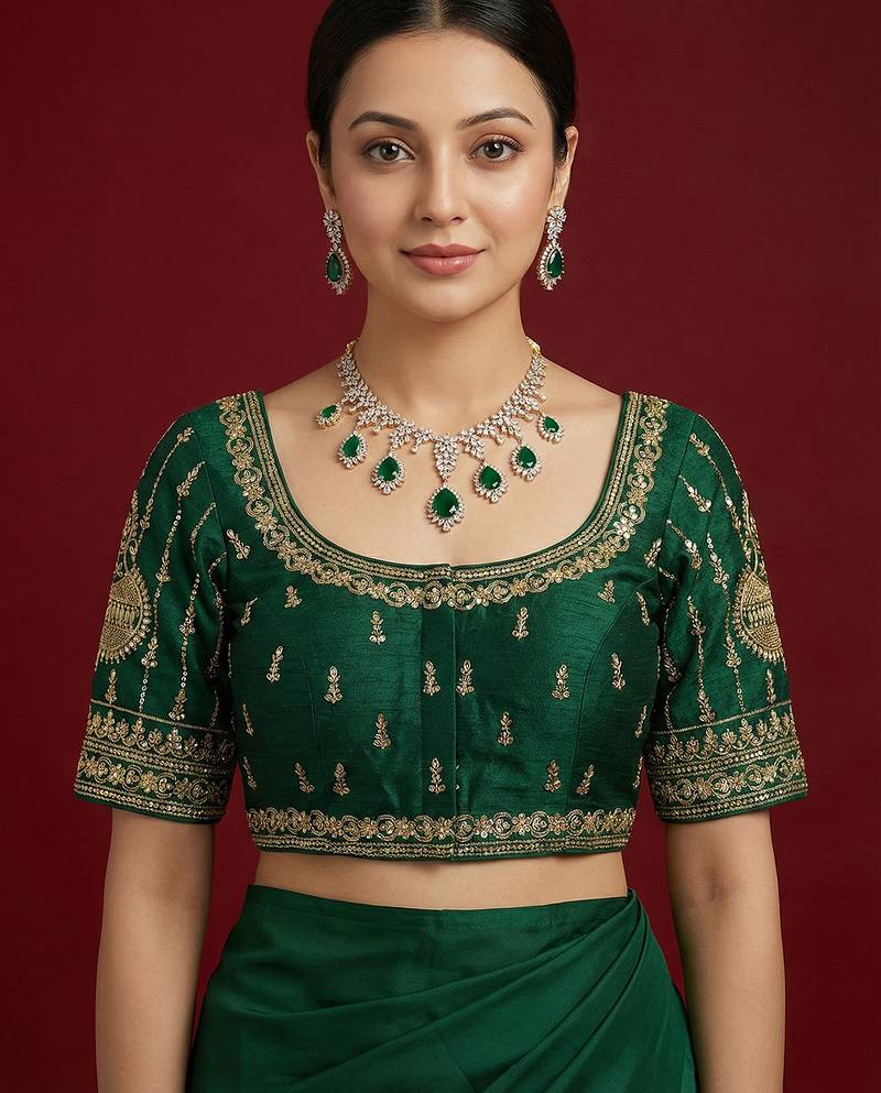 Bottle green embroidered traditional saree blouse