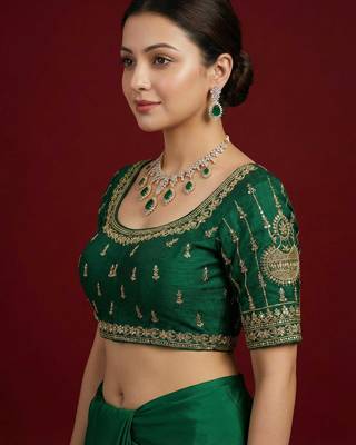 Bottle green embroidered traditional saree blouse 2