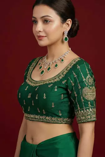 Bottle green embroidered traditional saree blouse