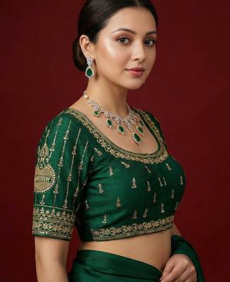 Bottle green embroidered traditional saree blouse 3