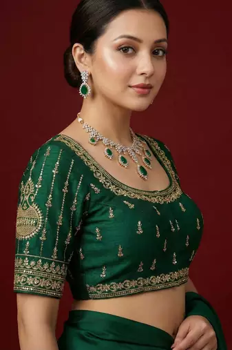Bottle green embroidered traditional saree blouse