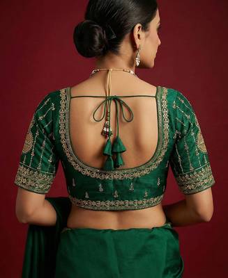 Bottle green embroidered traditional saree blouse 4