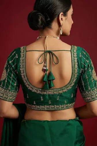 Bottle green embroidered traditional saree blouse