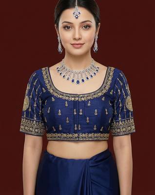 Navy blue embroidered traditional saree blouse 1