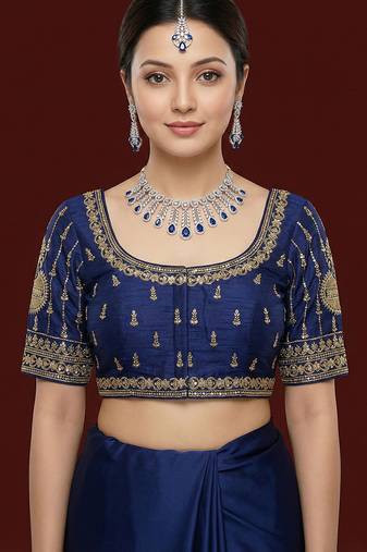 Navy blue embroidered traditional saree blouse