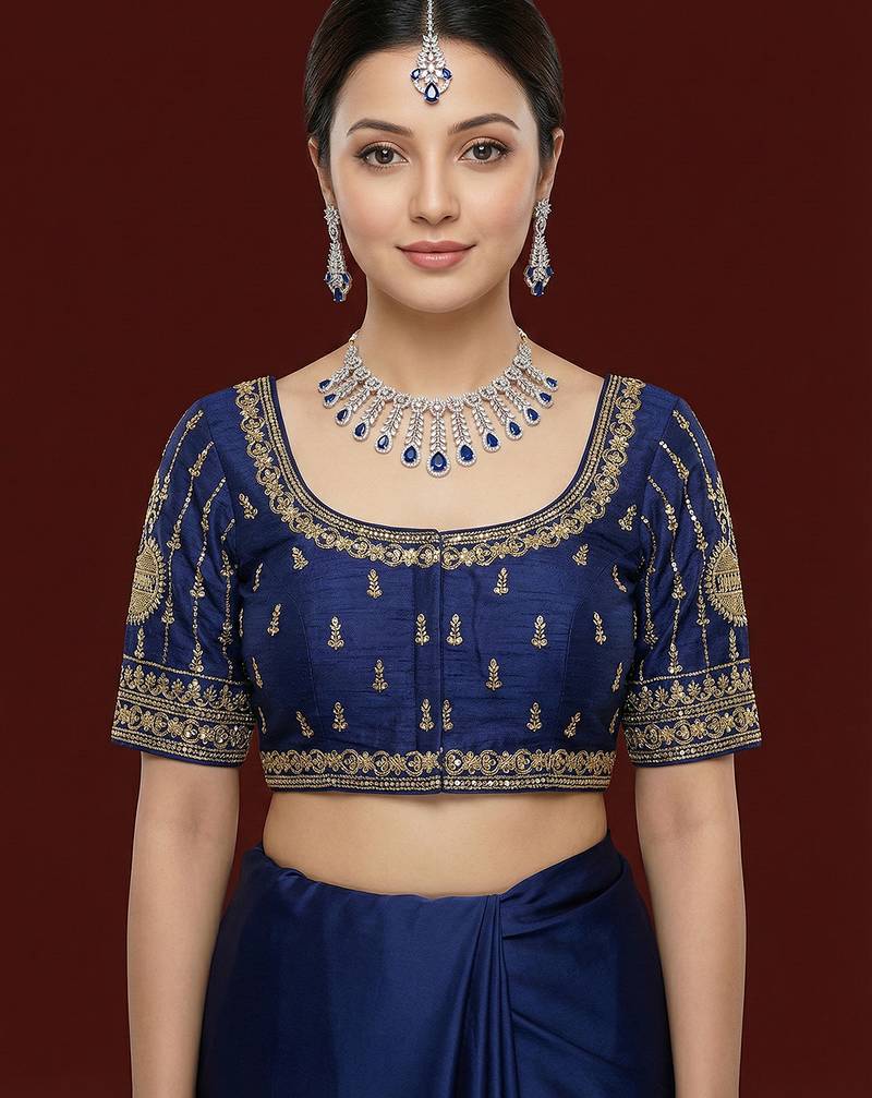 Navy blue embroidered traditional saree blouse