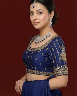 Navy blue embroidered traditional saree blouse 3