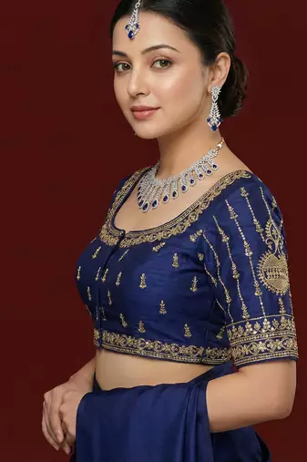 Navy blue embroidered traditional saree blouse